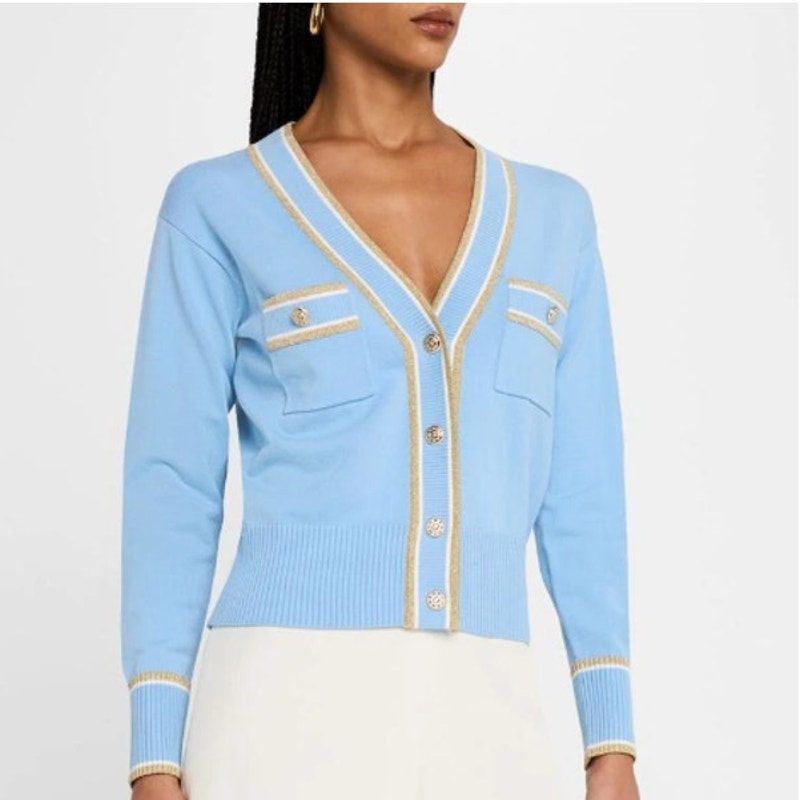 Elie Tahari Fountian Blue Gold Stripe The Kiva Shimmer-Trim Knit Cardigan Size S